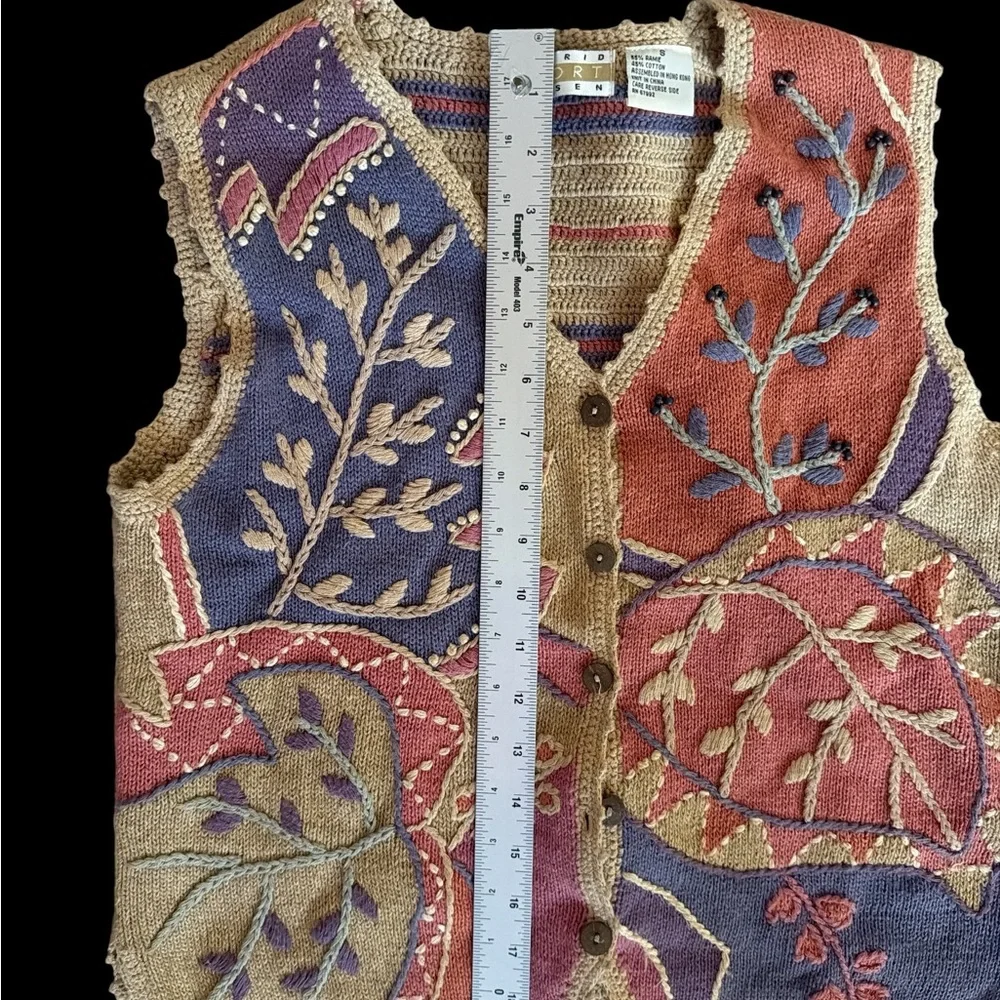 Sigrid Olsen Sport Vest Small Embroidered Knit Ramie Cotton Boho Patchwork Y2K - Picture 6 of 9